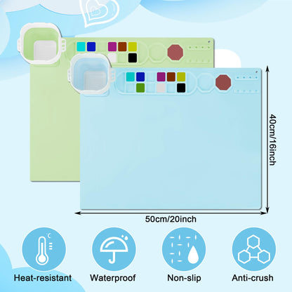 MEKOTRIN 2PCS Silicone Painting Mat, 20"X16" Art Mat with Cup and Palettes, Silicone Craft Mat has 16 Color Dividers, Paint Mat for Artist Clay DIY Creations(Blue+Green)