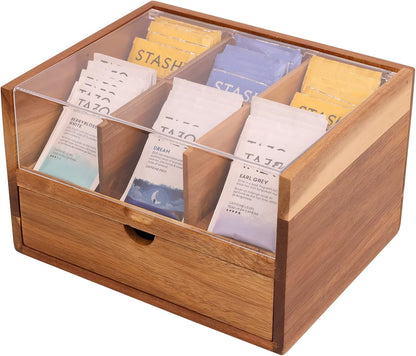 2 9 HTB Large Tea Organizer Tier with Drawer, Tea Bag Organizer with Acrylic Transparent Hinged Lid, Compartments