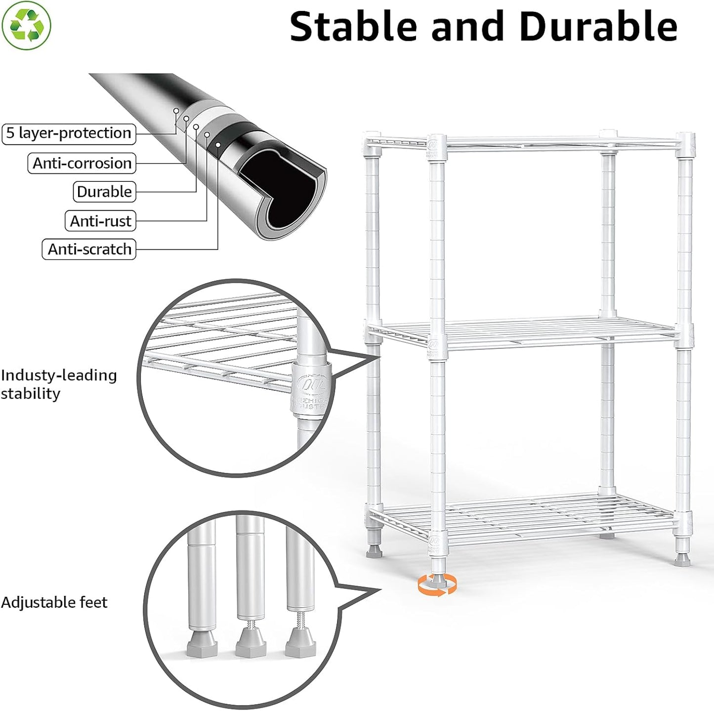 MZG Wire Storage Shelving, 3-Tier Utility Shelving Unit, Steel Organizer Rack for Home, Kitchen, Office, White