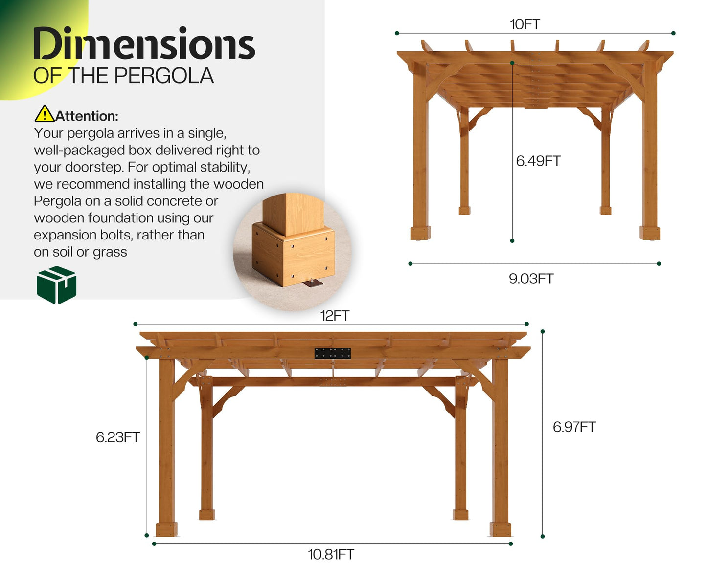 Jocisland 10x12 FT Premium Cedar Wood Pergola with Trellis Roof & Weather-Resistant Support, Outdoor Pergola Kit with Stakes, Garden Gazebo for Patio, Backyard & Events, Reddish-Brown
