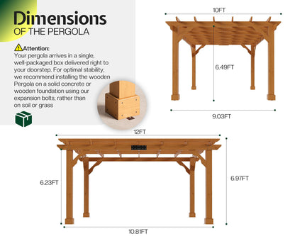 Jocisland 10x12 FT Premium Cedar Wood Pergola with Trellis Roof & Weather-Resistant Support, Outdoor Pergola Kit with Stakes, Garden Gazebo for Patio, Backyard & Events, Reddish-Brown