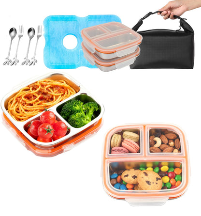 Stainless Steel Snack Box Container with Ice Pack & Lunch Bag for Man & Women - Bento Lunch Box Kit for School,office,Work,Travel,Camping, Reusable Lunch Meal Prep Containers Compartment Leak-Proof