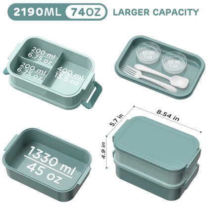DaCool Lunch Box Adults Bento Box 74 OZ All-in-One Stackable Lunch Box Containers for Adult Large Bento Box with Fork Spoon Sauce Boxes, Leakproof Lunchbox for Work School Dining Out, Morandi-Green