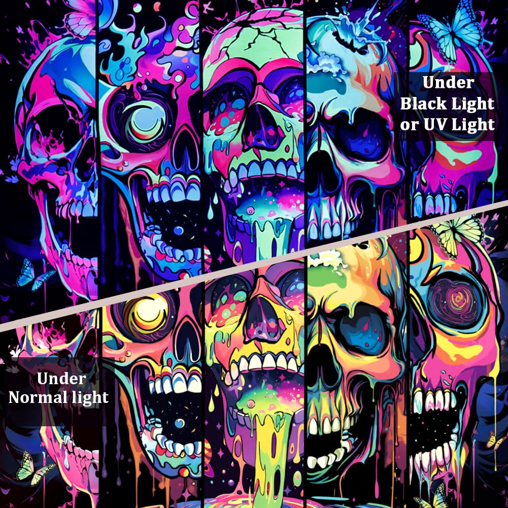 Heopapin Blacklight Skull Art Tapestry UV Reactive Neon Skeleton Butterfly Tapestries Trippy Blacklight Horror Face Wall Hanging Tapestry Halloween Aesthetic Wall Decor Tapestries for Home W78×H59