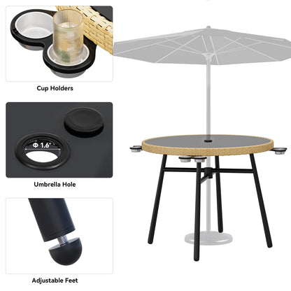 YITAHOME Outdoor Dining Set with Umbralle Hole, 5pcs Rattan Patio Dining Set for 4 with Cup Holders Soft Cushions and Glass Top Dining Table for Patio, Backyard, Garden, Bacony, Light Brown & Black