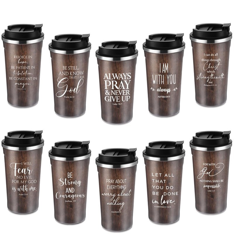 Meanplan 10 Set Christian Fathers Day Church Gifts Bible Verse Tumbler Bulk 17oz Coffee Cup Religious Jesus Tumbler Inspirational Mug for Men Women Teacher (Wood Grain, Bible Theme)