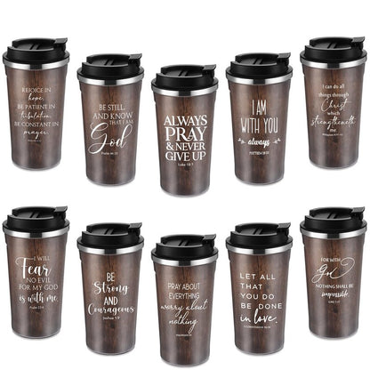Meanplan 10 Set Christian Fathers Day Church Gifts Bible Verse Tumbler Bulk 17oz Coffee Cup Religious Jesus Tumbler Inspirational Mug for Men Women Teacher (Wood Grain, Bible Theme)
