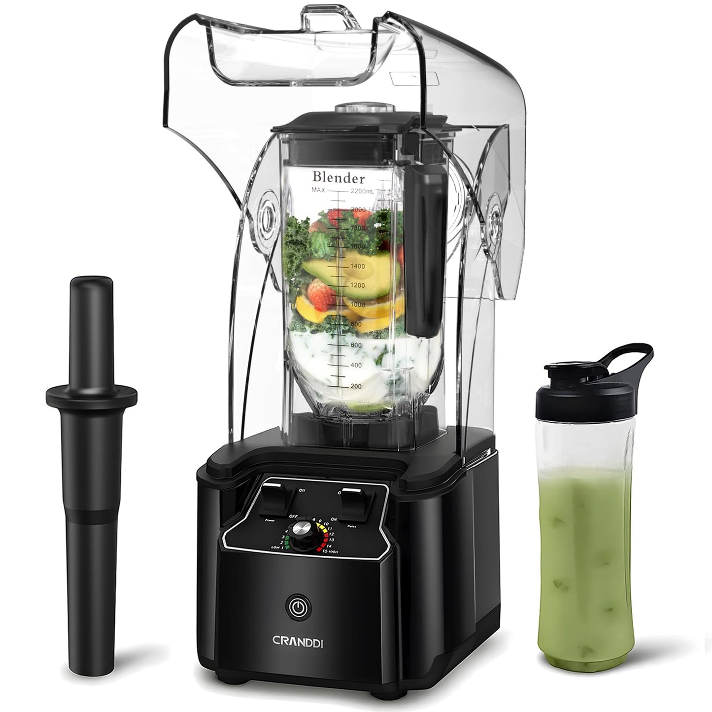 CRANDDI Commercial Quiet Blender, 2200 Watt Professional Countertop Blender with 80oz Pitcher, Built-in Pulse & 15-speeds Control, Smoothie Blender for Commercial and Home, K90 Black