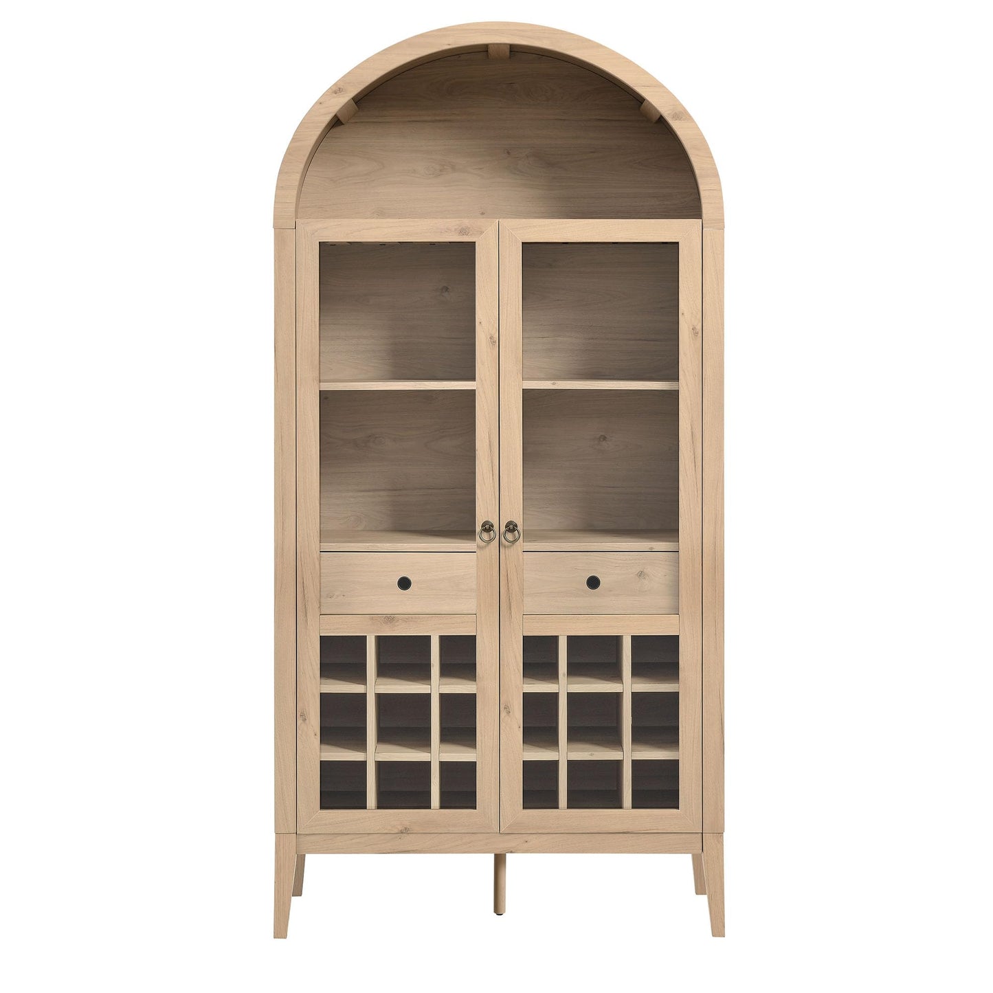 Modway Nolan Modern Farmhouse Arched Bar Cabinet in Light Oak Wood Grain - 72 Inch Tall Wine Storage Cabinet with Glass Doors and Wine Rack - Large Liquor Cabinet for Dining or Living Room