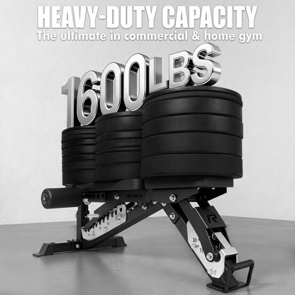 RitFit Gator Adjustable Weight Bench with Headrest, Premium 14GA Steel Heavy Duty for Home Gym Strength Training, Incline, Decline Exercises, 1600LBS Capacity, Black