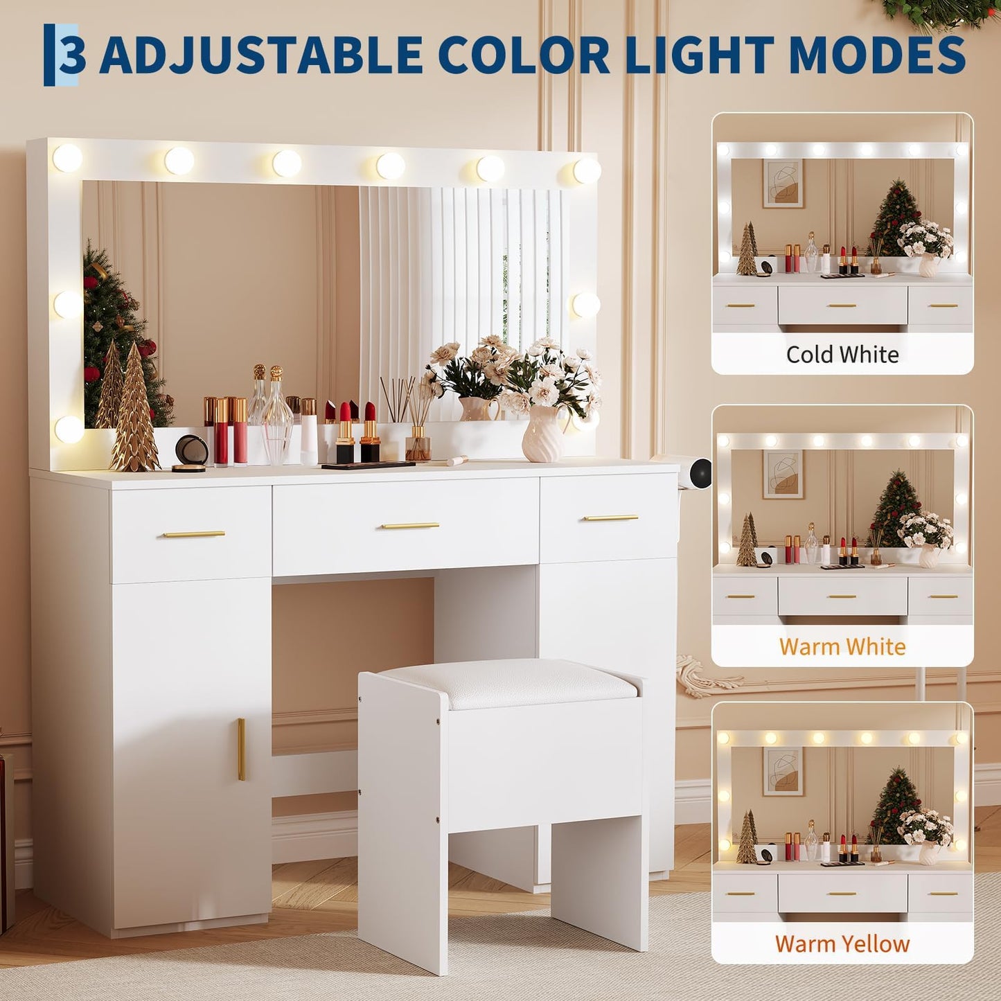 45" Vanity Desk with Large Mirror and Lights, Makeup Vanity Desk with 3 Color Lighting, 3 Drawers, 2 Cabinets, Power Outlets, Hair Dryer Rack, White Dressing Table Set with Hidden Storage Stool