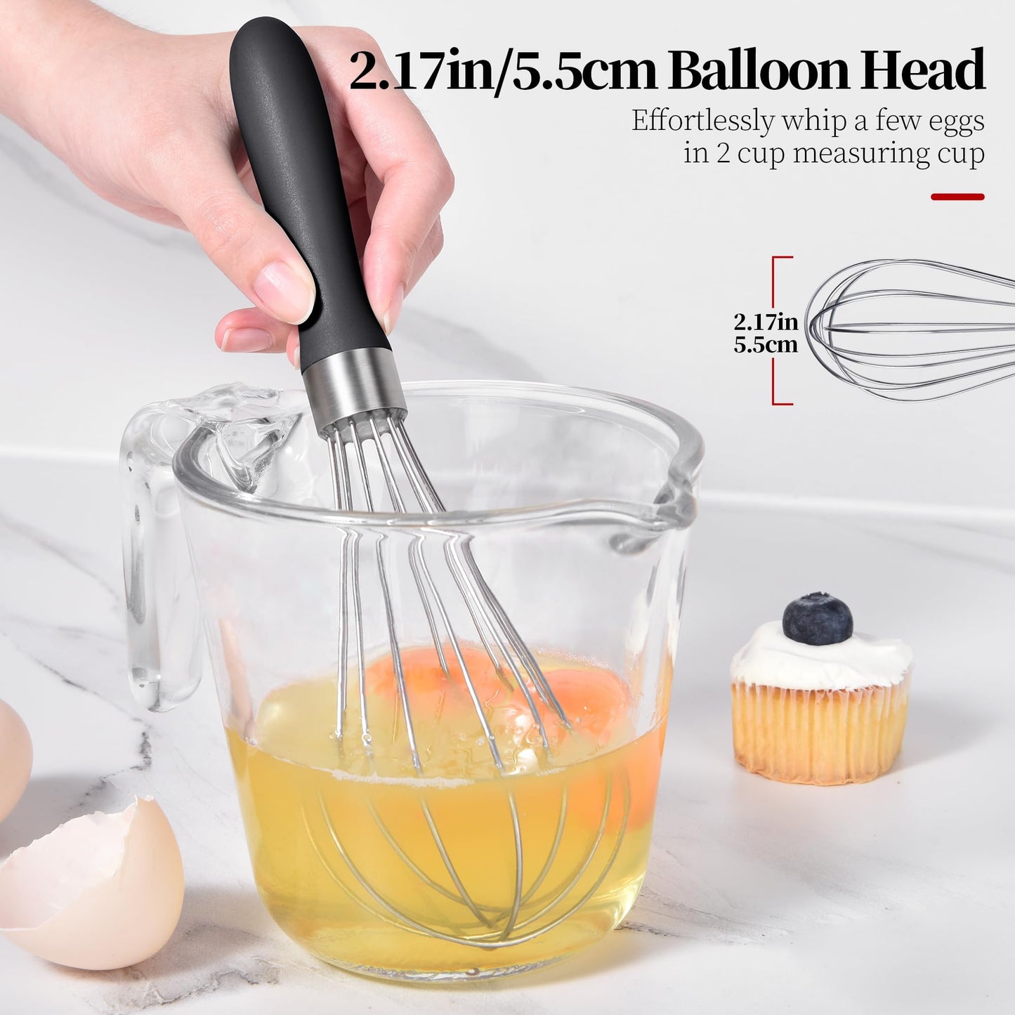 Lilybeam Small Whisk: Stainless Steel 9in Wire Balloon Wisk Kitchen Egg Whisker Heavy Duty Hand Mixer for Cooking Baking Whipping Blending Mixing Stirring Sauce, Flour, chocolate (Black)