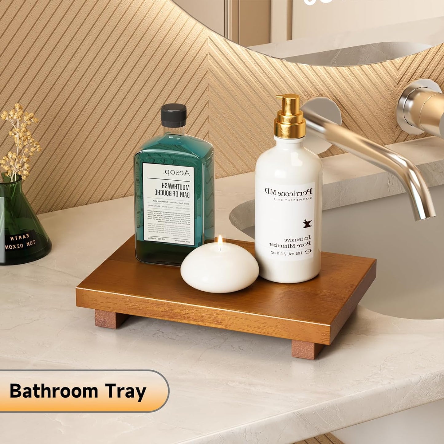 HGF Oak Wood Riser Bathroom Counter Organizer, 9''X6'' Farmhouse Vanity Tray for Candle Plant, Kitchen Countertop Decor