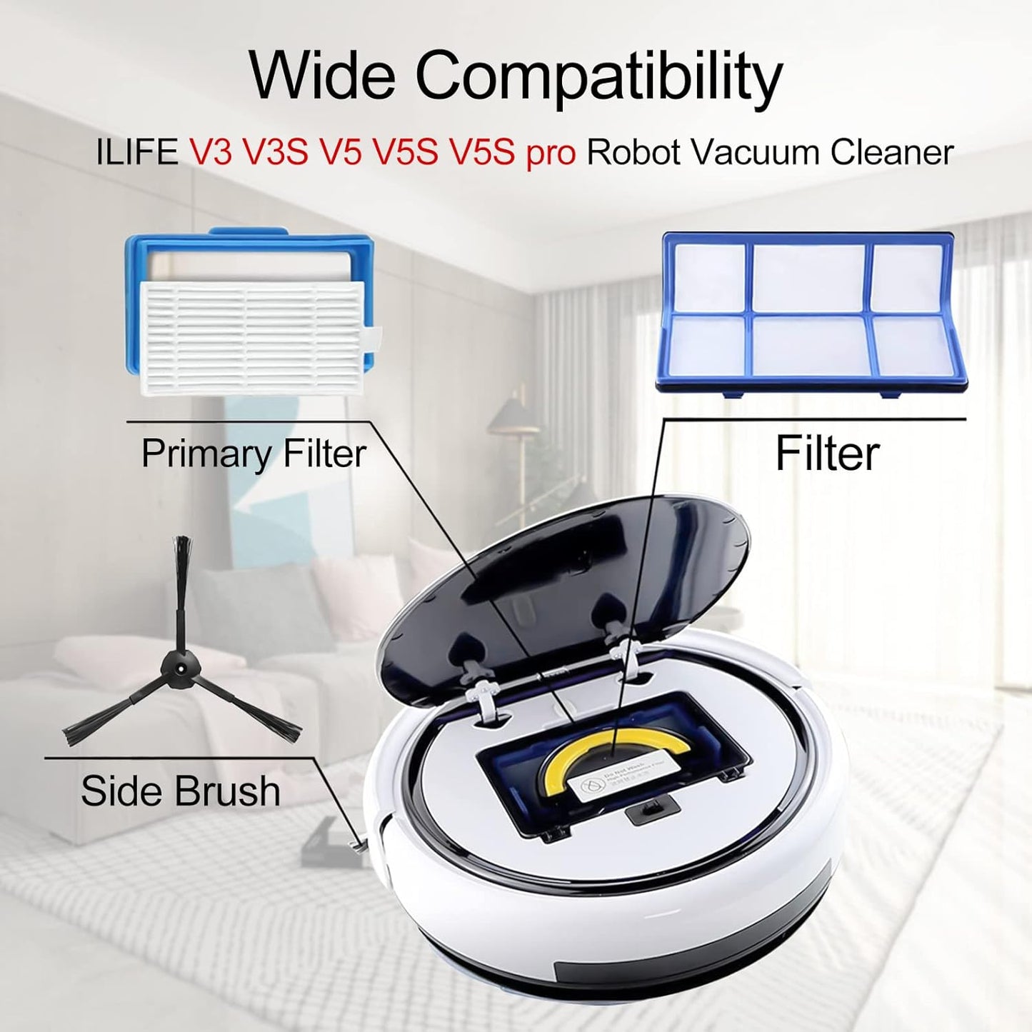 ilovelife Replacement Filter & Brush Accessories for ILIFE V3s, V3s pro, V5s, V5s pro Robot Vacuum Cleaner, 10 Filters