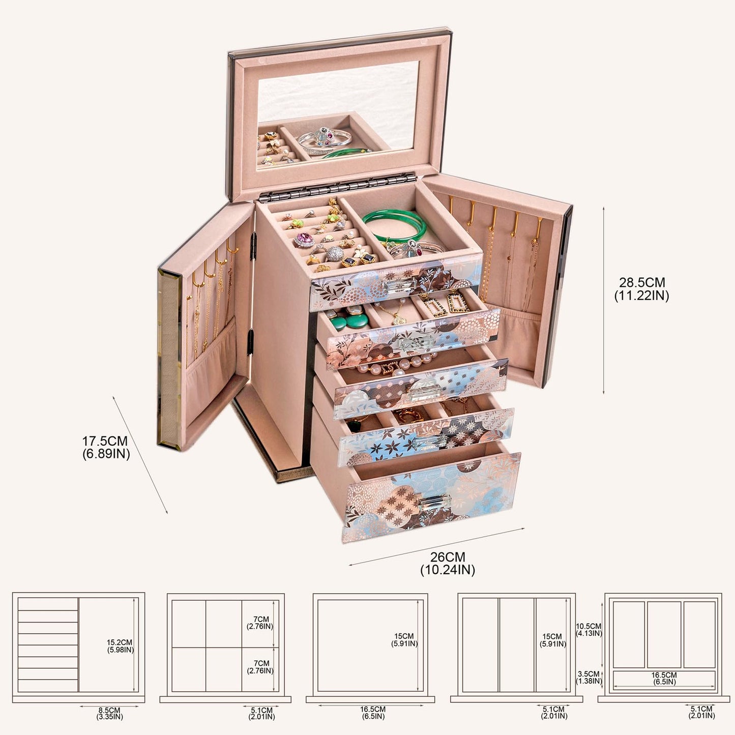 Homruilink High End Glass Jewelry Box, 5 Layer Jewelry Organizer for Women, Side Doors & Mirror, Velvet-Lined Storage for Rings & Necklaces, Ideal Gift (Geometric Floral)