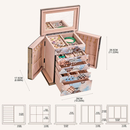 Homruilink High End Glass Jewelry Box, 5 Layer Jewelry Organizer for Women, Side Doors & Mirror, Velvet-Lined Storage for Rings & Necklaces, Ideal Gift (Geometric Floral)