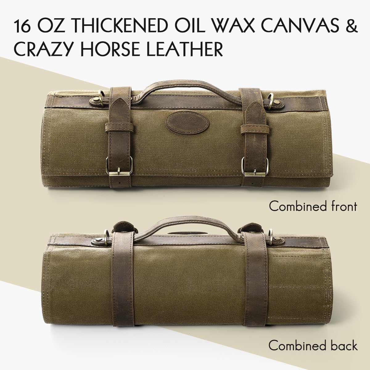 HEZHEN Chef Knife Roll Bag 16oz Oil Waxed Canvas, Heavy Duty Portable Backpack Knife Case Storage, 12 Slots & 2 Zipper Pockets, Detachable Adjustable Leather Shoulder Strap Belt（Not Included Knives）