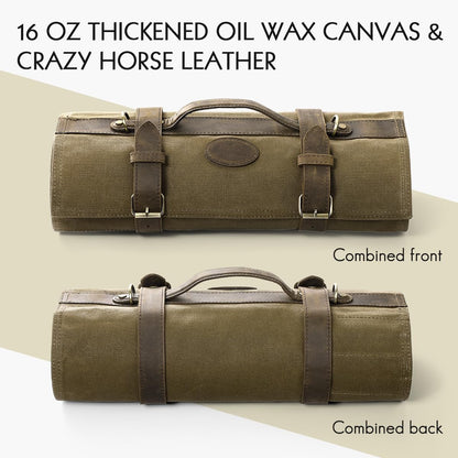 HEZHEN Chef Knife Roll Bag 16oz Oil Waxed Canvas, Heavy Duty Portable Backpack Knife Case Storage, 12 Slots & 2 Zipper Pockets, Detachable Adjustable Leather Shoulder Strap Belt（Not Included Knives）