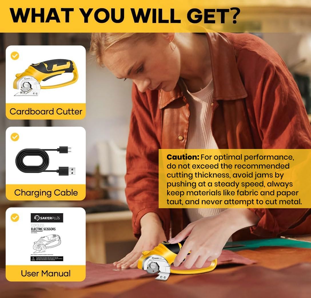 SakerPlus Cordless Electric Scissors, 4V Cardboard Cutter, Box Cutter Fabric Scissor with Safety Lock & LED Light, Rechargeable Power Rotary Cutters for Box Carpet Fabric Plastic Leather