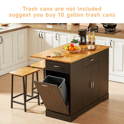 ONBRILL Stationary Kitchen Islands Include 2 Chairs, 47" Kitchen Island with Drop Leaf, Home Bar Table with Spice Rack & with Trash Cabinet, Island Table for Dining Room with Power Outlet, Black