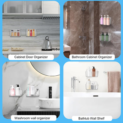 CGBE 2 Packs Cabinet Door Organizer, Acrylic Adhesive Shelf Wall Mounted Storage, Self Adhesive Shower Shelves Without Drilling, Automatic Draining Clear Shower Organizer for Bathroom
