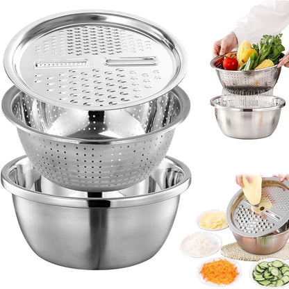 Germany Multifunctional Stainless Steel Basin,Multifunction Stainless Steel Basin with Grater 3 in 1 Vegetable Cutter for Kitchen, Vegetable Slicer Grater Strainer and Drain Basket(10.2)