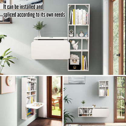 TuckTect Floating Desk with Storage Shelves, 81'' Wall Mounted Desk Laptop Writing Study Table, Folding Drop Leaf Table, Multifunctional Computer Workstation for Narrow Small Space
