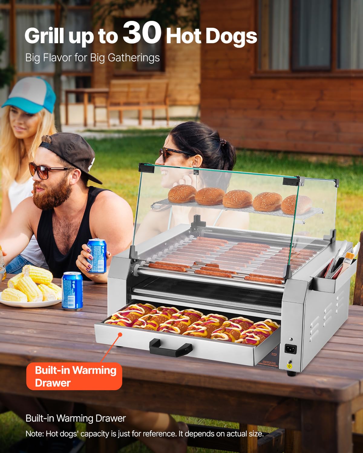 VEVOR Hot Dog Roller, 30 Hot Dog 11 Rollers, Stainless Steel Sausage Grill Cooker, 1950W Hot Dog Machine with Bun Warmer, Cover, 3 Temp Control, Side Storage Box, Oil Drip Tray, for Home & Commercial
