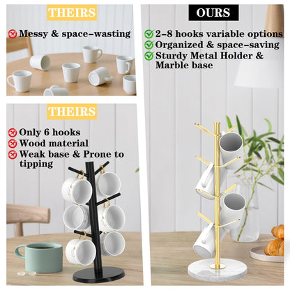 ZYZWTG Marble Mug Holder Tree with 8 Hooks, Stainless Steel Coffee Cup Holder, Non-Slip Silicone Pads, Heavy Duty Marble Base, Countertop Organizer for Kitchen & Cafe, Gold