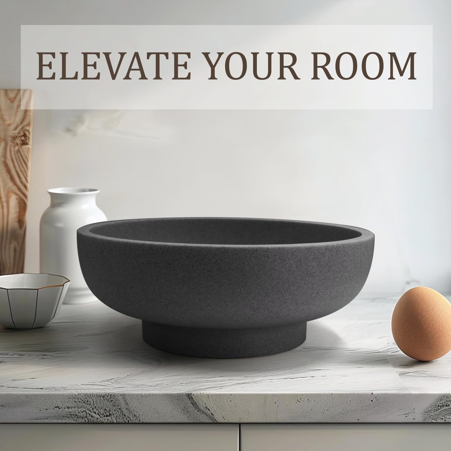 LIN CHUAN Large Decorative Bowl, Fruit Bowl for Kitchen Counter, Modern Resin Bowl for Home Decor, Key Holder for Entry Table, Artificial Stone Black