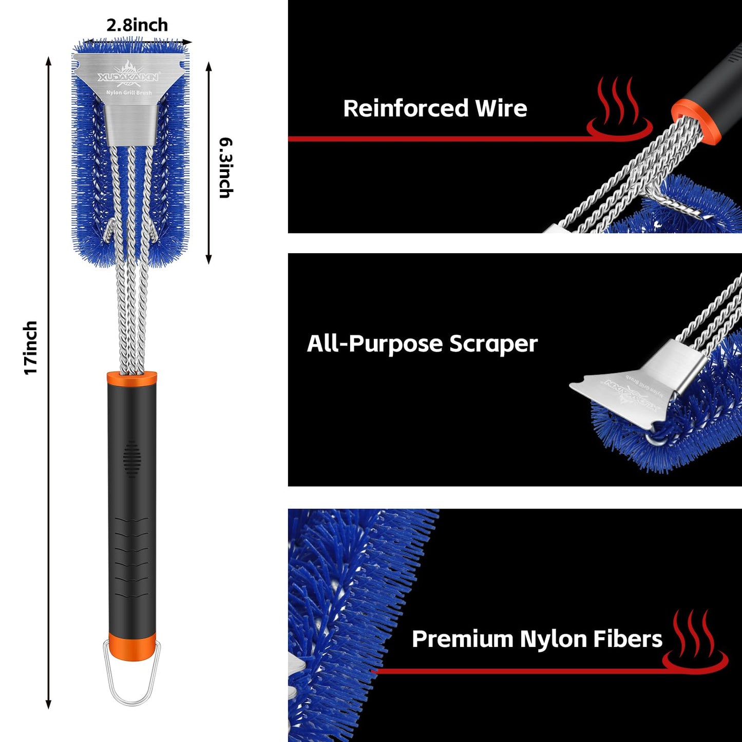 XUDAKAIXIN Grill Brush and Scraper, Safe Nylon Bristles Barbecue Outdoor Grill Brush for Cooled Grates, Extra Strong BBQ Cleaner Accessories (Blue)