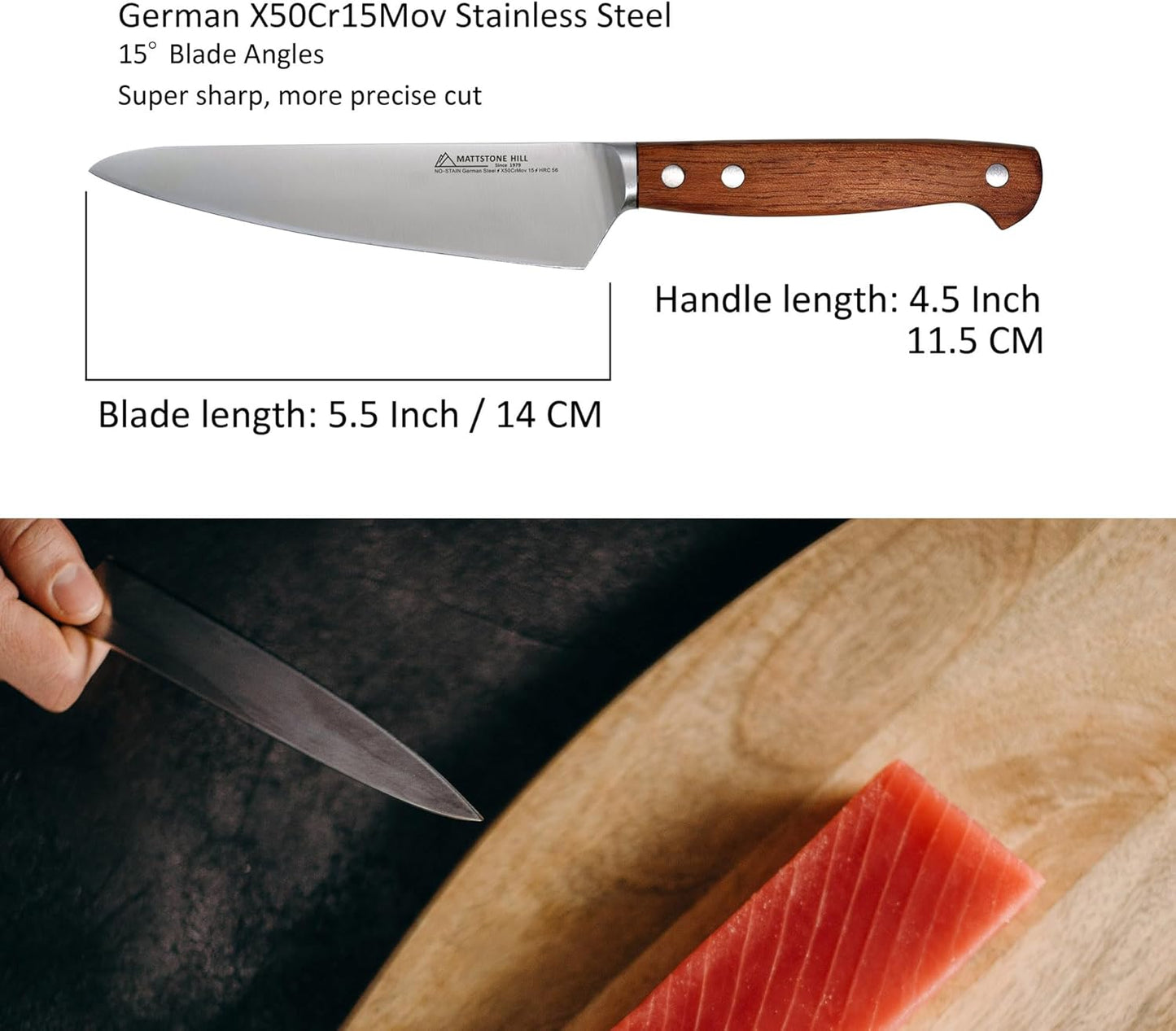 Utility Knife 5.5 Inch, MATTSTONE HILL Small Kitchen Knife, Compact Chef Knife, German Steel, Wood Handle