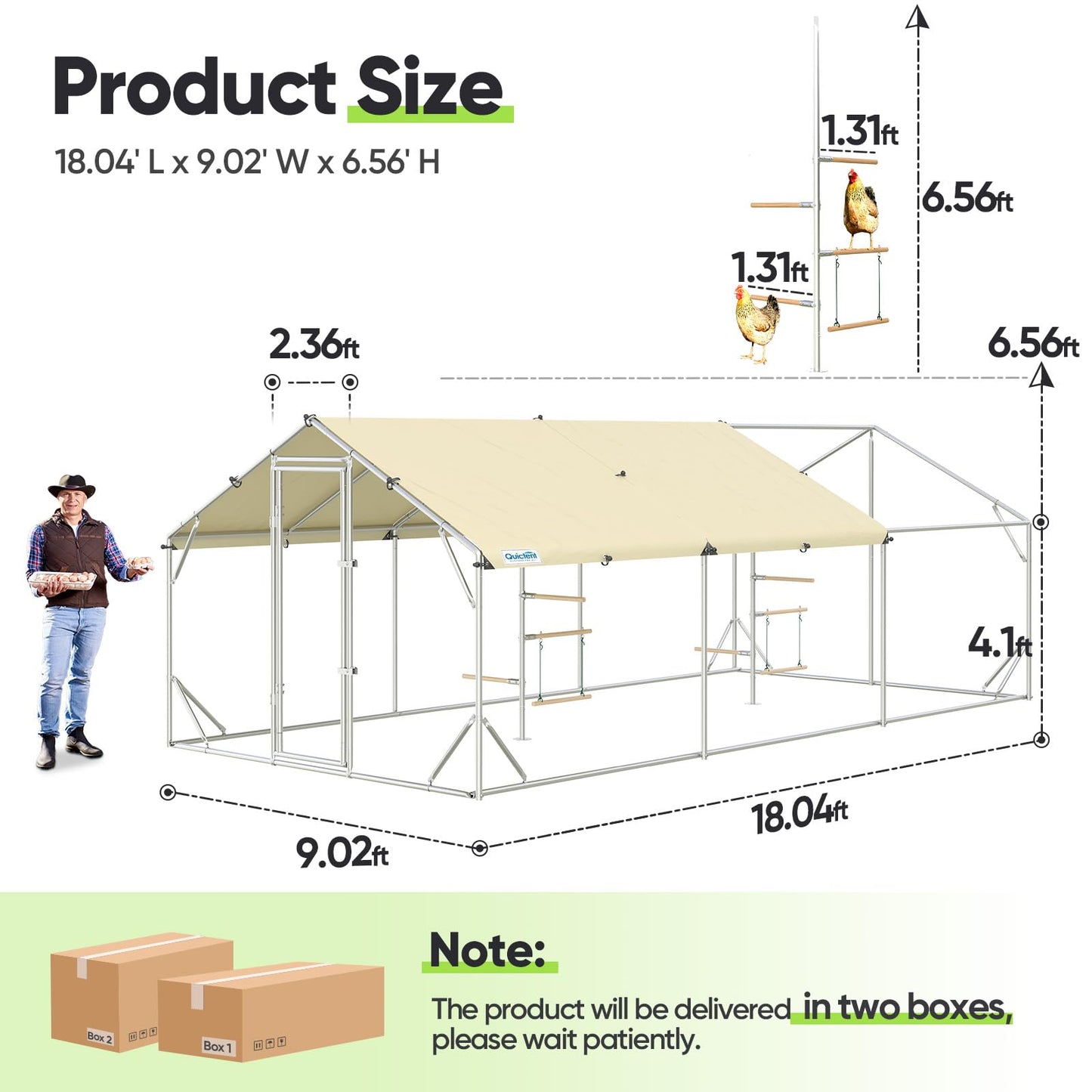 Quictent 18x9x6.6ft Metal Chicken Coop Run with Perch & Swing, Elite Series Large Walk-in Outdoor Poultry Cage Heavy Duty Predator Proof Hen Duck Rabbit Farm Pen House, Waterproof Anti-UV Cover