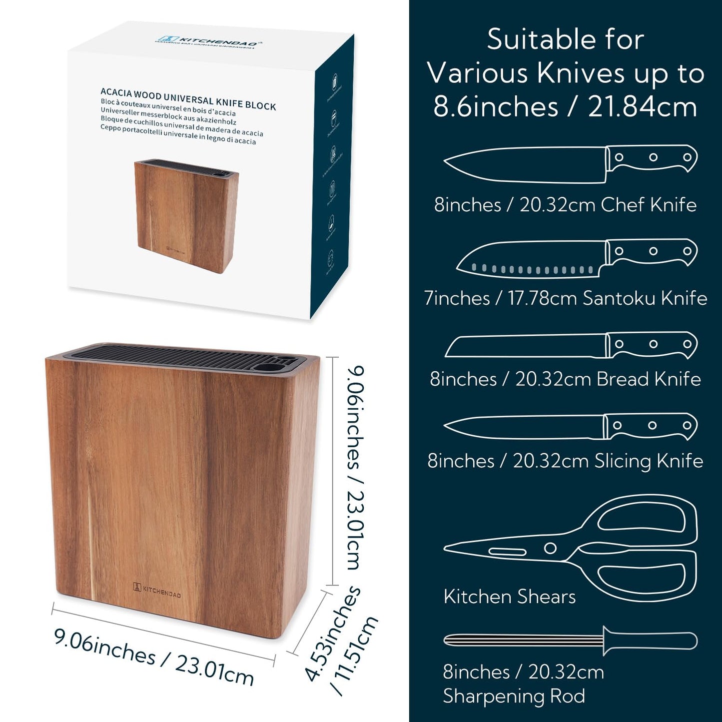 KITCHENDAO XL Acacia Wood Universal Knife Block with Slots for Scissors and Sharpening Rod, Safe, Space Saver Knives Storage Stand Display without Knives, Unique Slot Design to Protect Blade