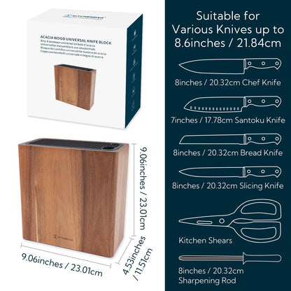 KITCHENDAO XL Acacia Wood Universal Knife Block with Slots for Scissors and Sharpening Rod, Safe, Space Saver Knives Storage Stand Display without Knives, Unique Slot Design to Protect Blade