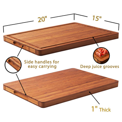 Allsum XL Cutting Board for Kitchen, 20x15" Extra Large, 1" Thick Bamboo Wood Butcher Chopping Block, Cheese Board, Durable Reversible with Juice Grooves and Handles