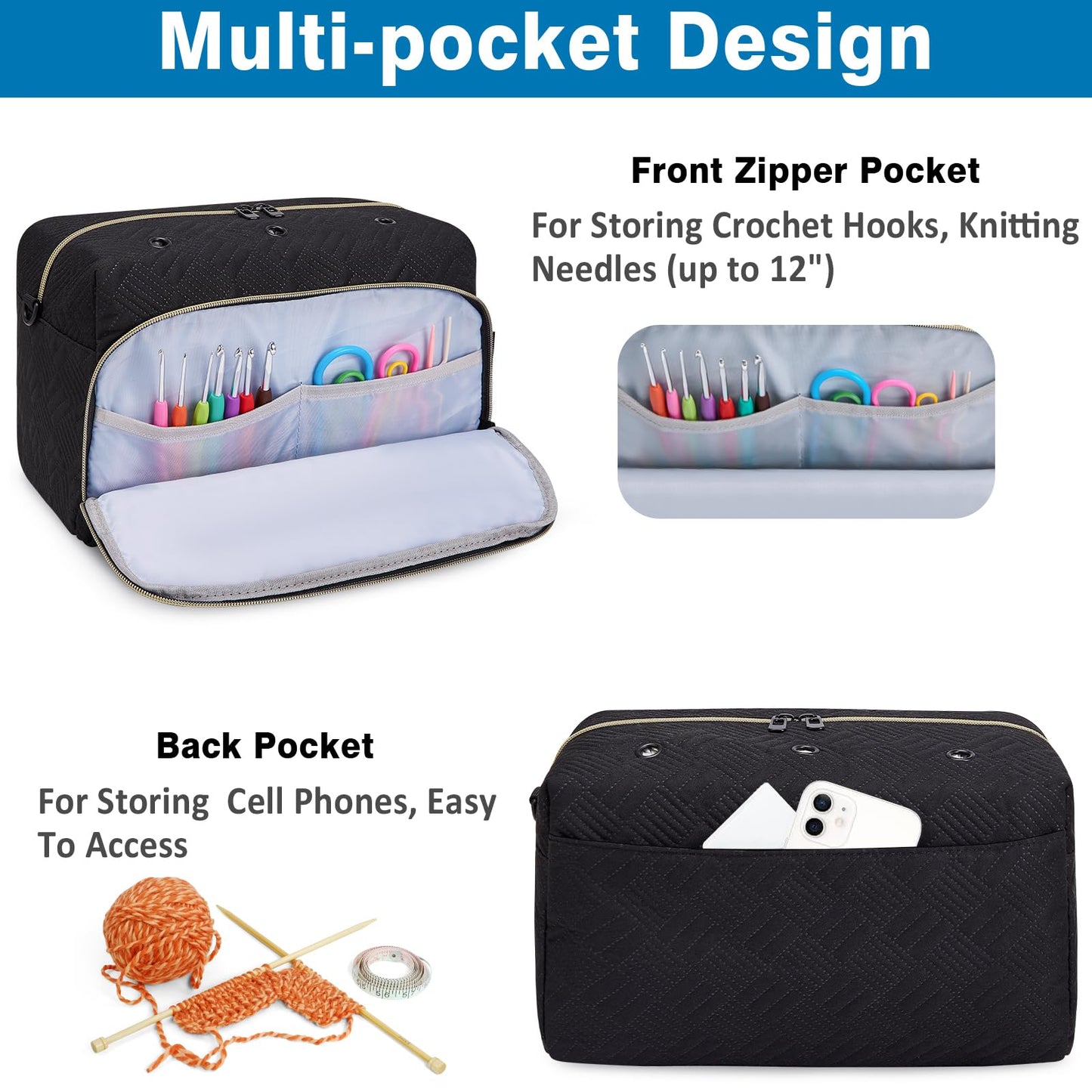IBFUN Crochet Yarn Knitting Bag 2 Pcs Yarn Storage Organizer Crocheting Bags for Beginners with Shoulder Strap for Knit Accessories Needles Hooks