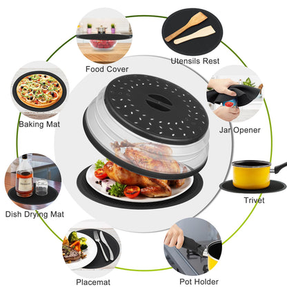 MAGJIUKE 12" Microwave food Cover & Mat,Large Vented Collapsible Splatter Guard dish Plate lid & Silicone Round Kitchen mat