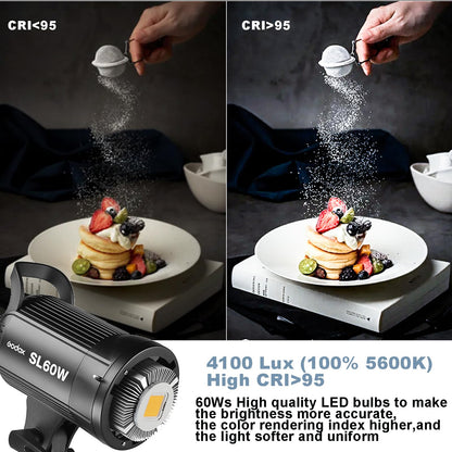 2pcs SL60W LED Video Light Kit with Softbox,60W Bowens Mount Studio Continuous Light Kit with Stand,Remote Control,Reflector,Brightness Adjustment for Video Recording,Wedding,Live Streaming