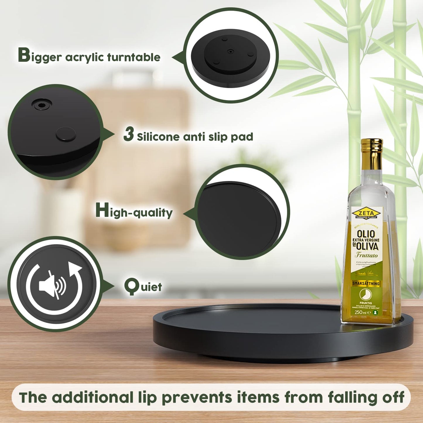 VeyFey Turntable Vanity Tray 10 Inch for Perfume Candle, Bamboo Kitchen Sink Countertop Organizer Keep Glass, Sponge and Soap Bathroom Coffee Table Decorative Black (VFLZ)