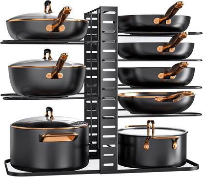 MUDEELA Pots and Pans Organizer Rack under Cabinet 14.55in Height, 8-Tier Kitchen Cabinet Organizers and Storage, Light-Duty Adjustable Pot Racks, Pan Organizers inside Cabinet with 3 DIY Methods