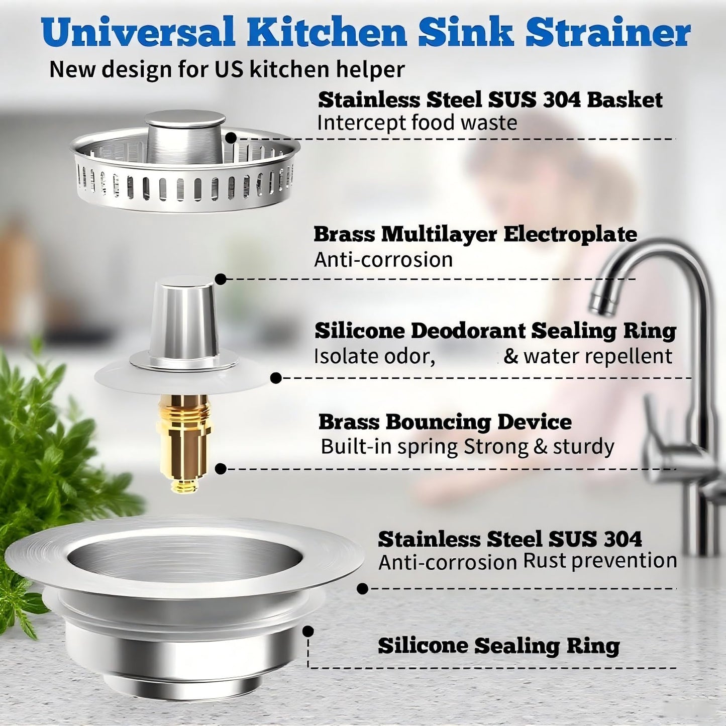 GanLiving 3-in-1 Kitchen Sink Drain Strainer Stopper, 304 Stainless Steel Pop Up Drain Plug, Anti-Clog Odor Prevention Sink Basket, Tool-Free Easy Install, Fits US Standard 3-1/2" Drain Hole,2 Pack