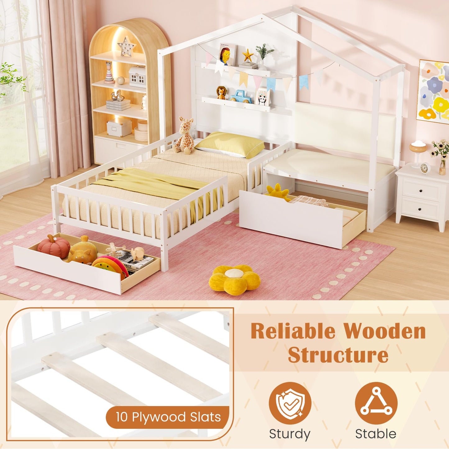 Giantex Twin House Bed for Kids, Wooden Kids Twin Bed Frame with Padded Bench, Floating Bookcase & 2 Rolling Storage Drawers, Wooden Montessori House Bed for Girls Boys, No Box Spring Needed, White