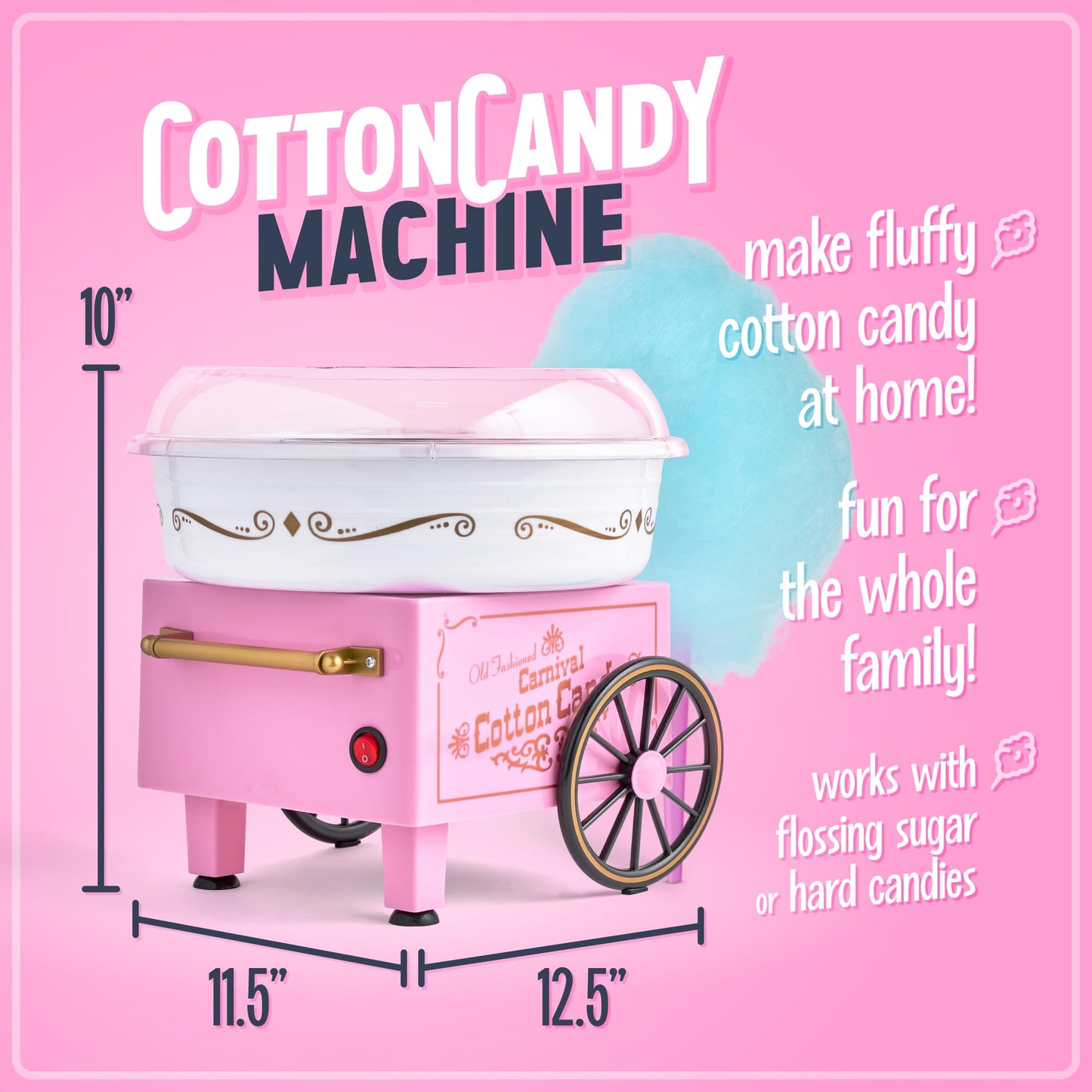 Nostalgia Vintage Hard and Sugar Free Candy Countertop Cotton Candy Maker, Includes 2 Reusable Cones And Sugar Scoop – Pink