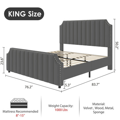 GarveeHome King Size Platform Bed Frame with 50.2 in Headboard, Velvet Upholstered Bed Frame with Vertical Channel Tufted Headboard & Footboard, Nailhead Trim, No Box Spring Needed, Grey