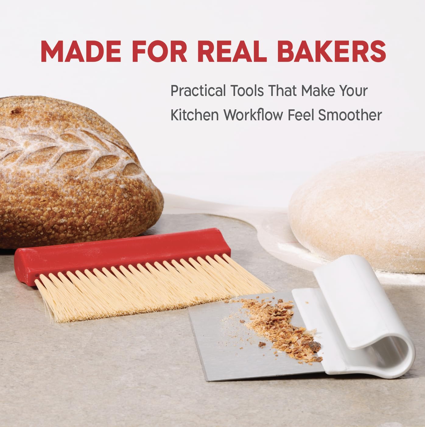 KneadAce Dough Scraper & Baker’s Brush Set. Stainless Steel Bench Scraper & Flour Cleaning Brush. Kitchen Tool for Pastry, Sourdough and Baking Prep Bread Dough Cutter, Gift For Bakers (White/Red)