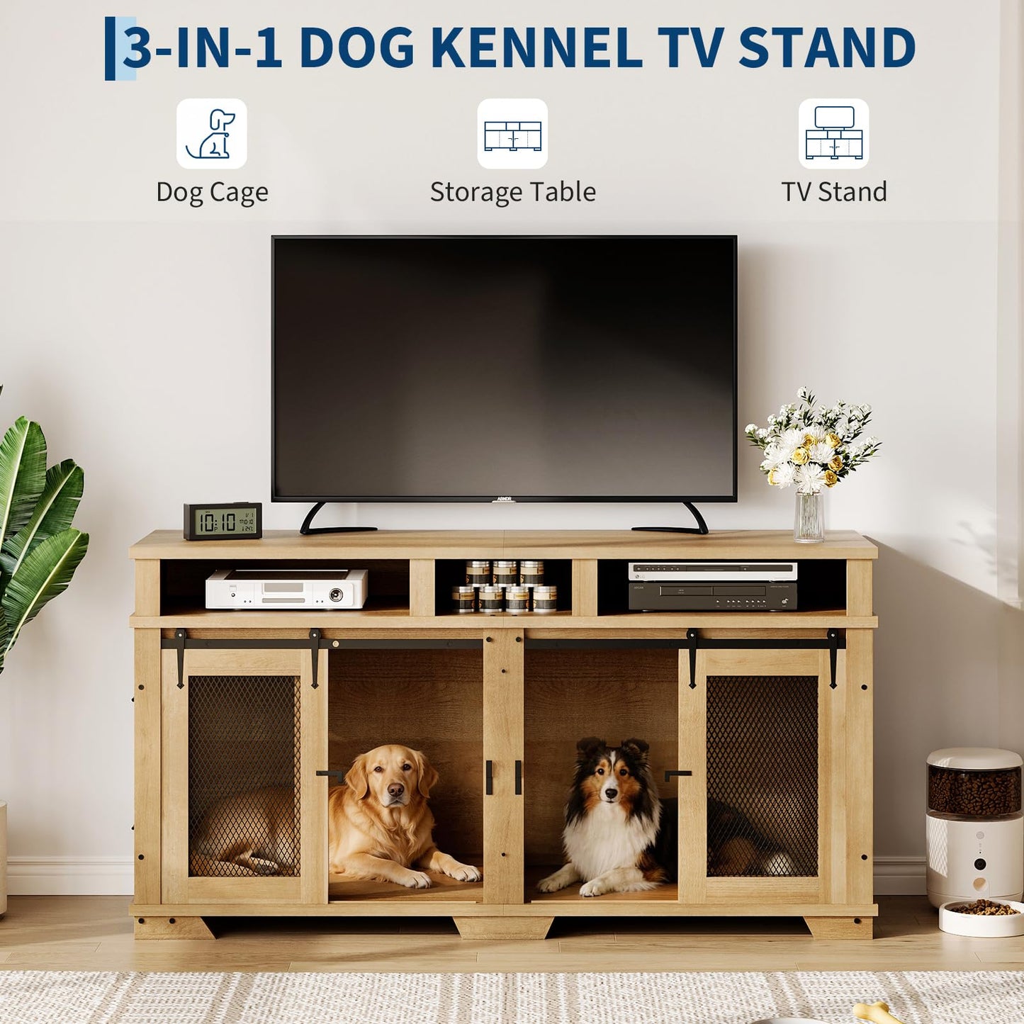 Garvee 71'' Dog Crate Furniture for 2 Dogs, Extra Large Double Dog Kennel Indoor with Removable Divider and Storage Drawers, Wooden Dog Crate TV Stand for Large Medium Dogs