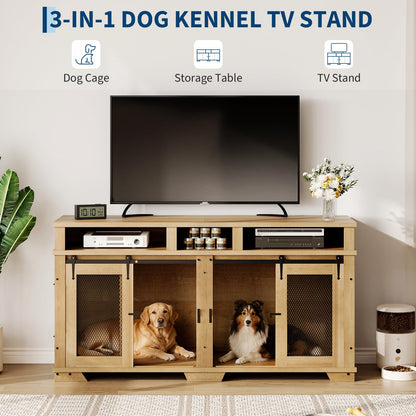 Garvee 71'' Dog Crate Furniture for 2 Dogs, Extra Large Double Dog Kennel Indoor with Removable Divider and Storage Drawers, Wooden Dog Crate TV Stand for Large Medium Dogs