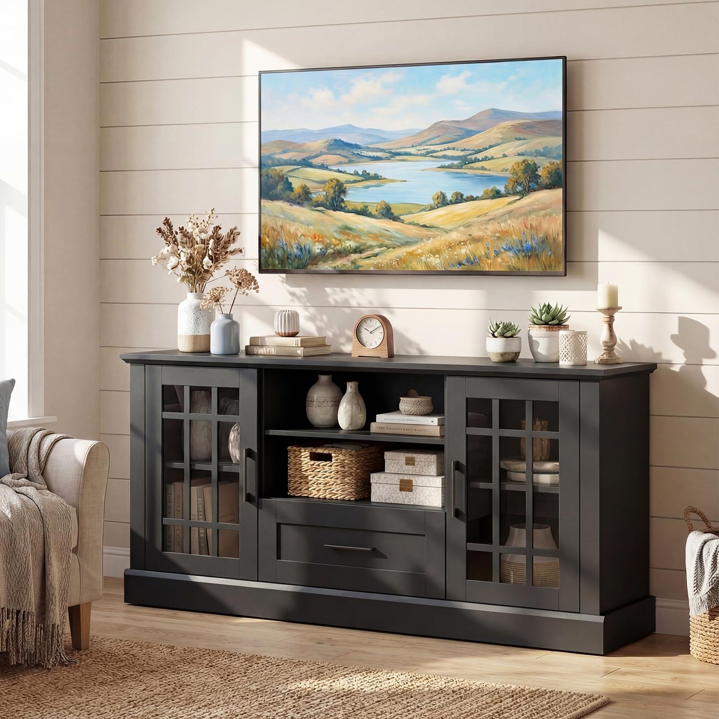 Giantex Farmhouse TV Stand for 65/70 Inch TV, Tall Entertainment Center with Storage Cabinets, Glass Doors, Drawer, Removable Shelves, Media TV Console Table for Living Room, Bedroom (Black)