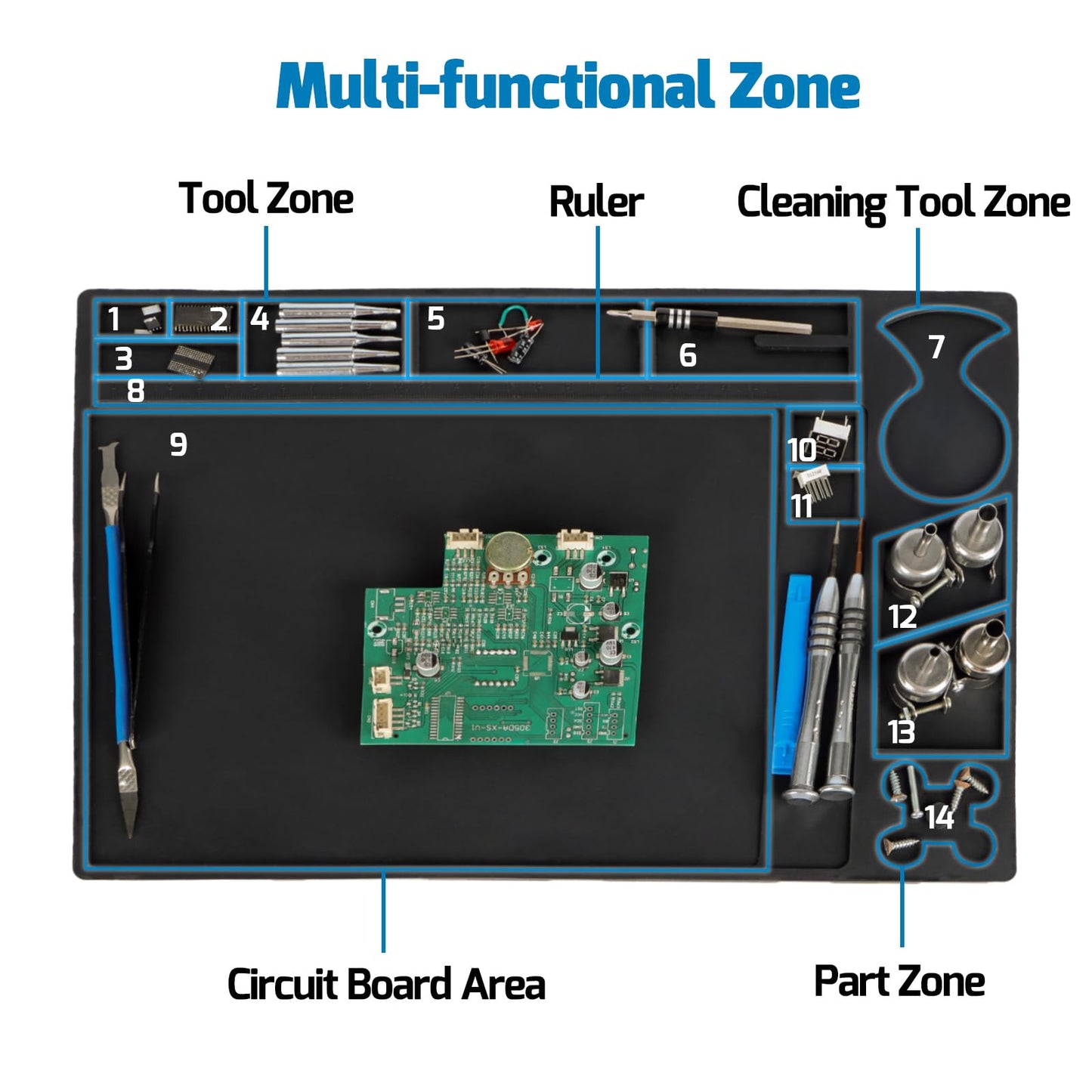 WEP M160 Silicone Soldering Mat 13.7x9.9 inches Heat-resistant with 5 Function Zones, Soldering Mat for, electronics repair, DIY Projects